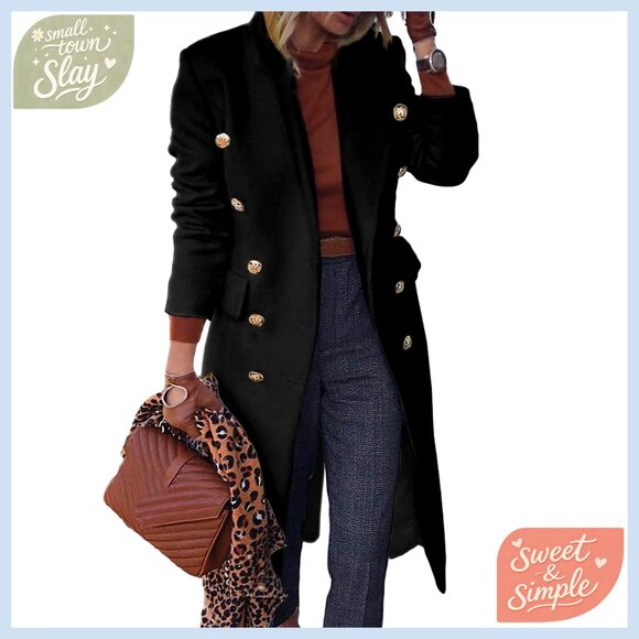 Long Wool Blend Trench Coat Double Breasted Knee Length Classic Fit